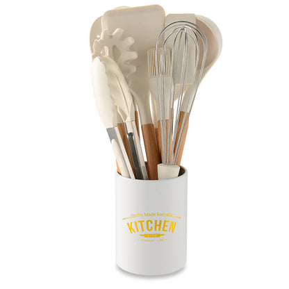 Creamy White Wooden Handle Silicone Kitchenware Set Naseer Liaqat