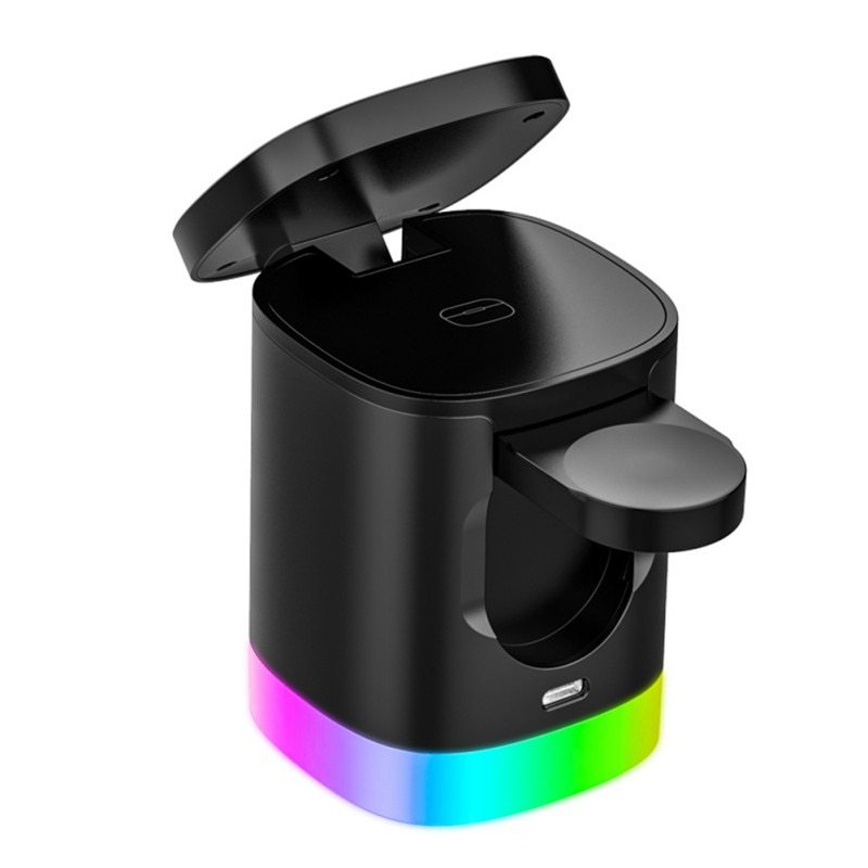 Cargador inalámbrico rápido magnético 3 en 1 para teléfono inteligente, estación de carga con luz ambiental RGB para Airpods y IWatch