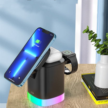 Cargador inalámbrico rápido magnético 3 en 1 para teléfono inteligente, estación de carga con luz ambiental RGB para Airpods y IWatch