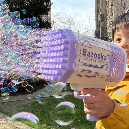 Pistola de burbujas con forma de cohete, 69 agujeros, máquina de burbujas de jabón, soplador automático con luz, juguetes para niños, pomperos