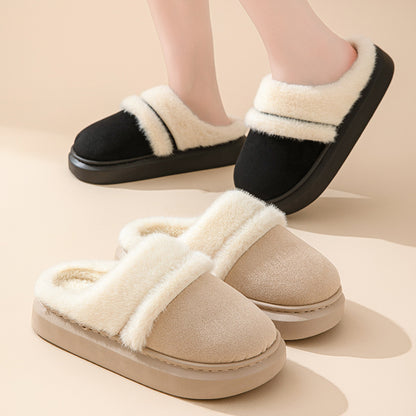 Pantuflas cálidas de algodón a la moda para mujer, pantuflas de casa de terciopelo antideslizantes con suela gruesa para el invierno, pantuflas de gamuza para el dormitorio