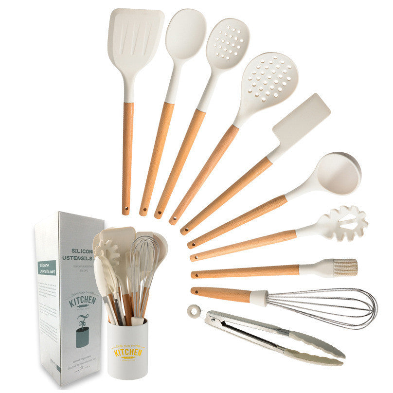 Creamy White Wooden Handle Silicone Kitchenware Set Naseer Liaqat