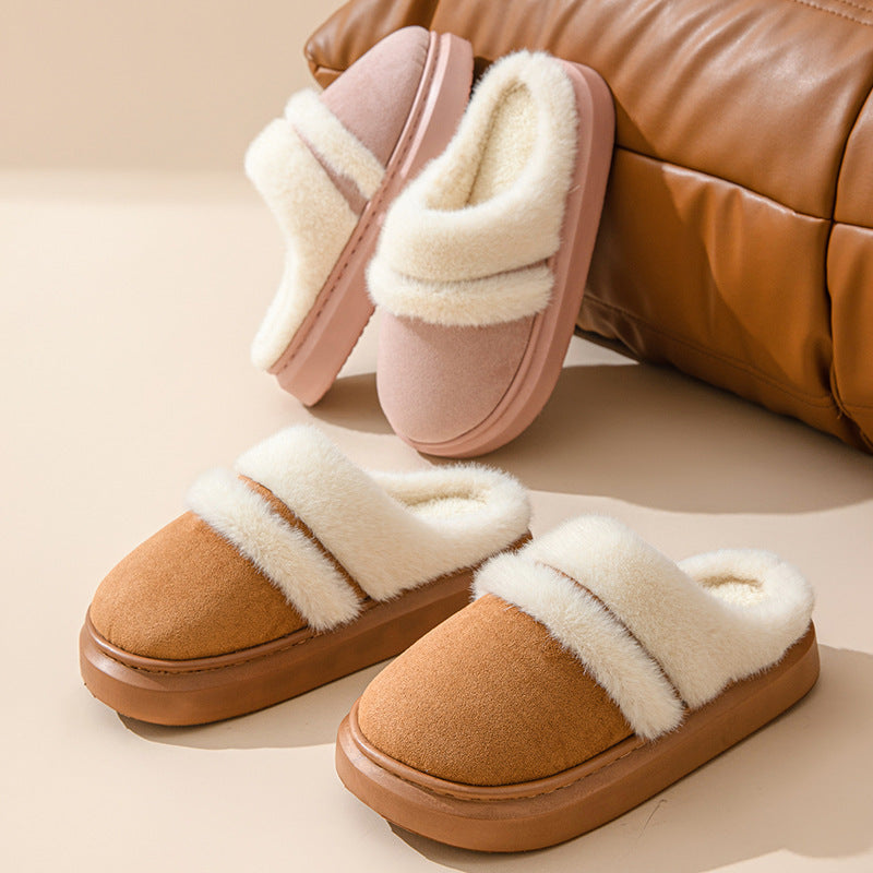 Pantuflas cálidas de algodón a la moda para mujer, pantuflas de casa de terciopelo antideslizantes con suela gruesa para el invierno, pantuflas de gamuza para el dormitorio