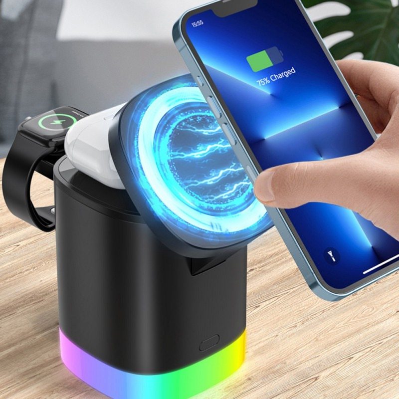 Cargador inalámbrico rápido magnético 3 en 1 para teléfono inteligente, estación de carga con luz ambiental RGB para Airpods y IWatch