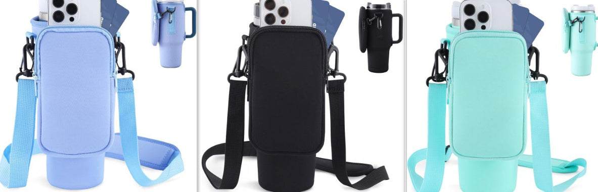 Bolsa portabotellas Slok, compatible con vaso de 40 oz con asa, moderno portabotellas con correa ajustable simple para caminatas al aire libre, senderismo, viajes, deportes, azul y morado