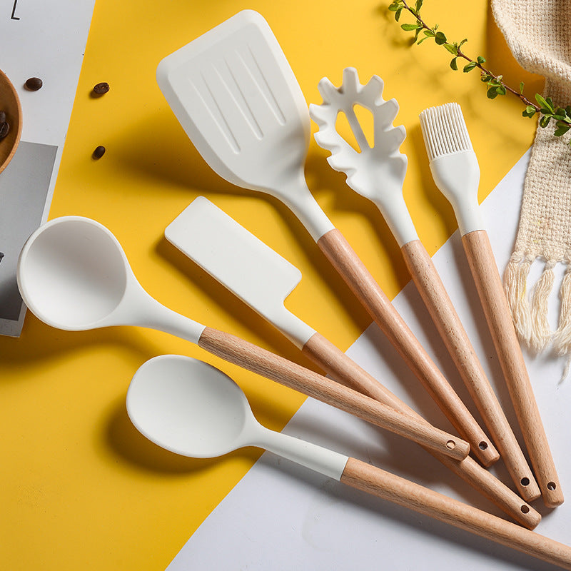 Creamy White Wooden Handle Silicone Kitchenware Set Naseer Liaqat