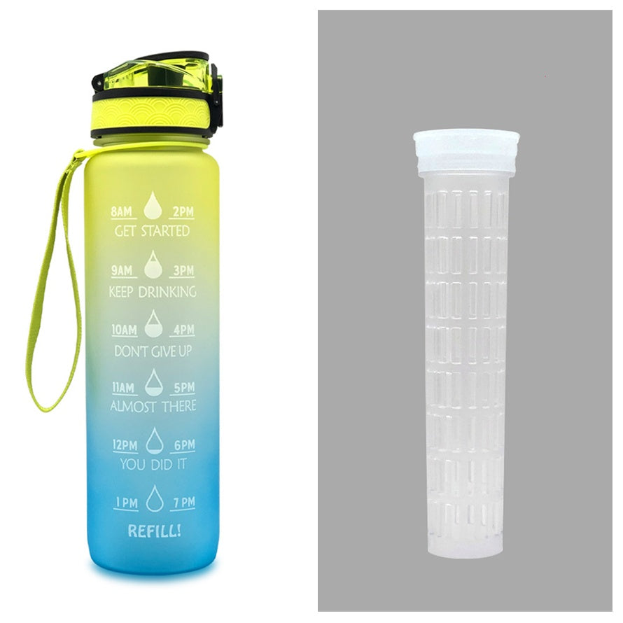 Botella de agua Tritan de 1 l con marcador de tiempo y tapa antirrebote, botella de agua motivacional para ciclismo, taza a prueba de fugas para deportes y fitness