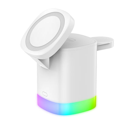 Cargador inalámbrico rápido magnético 3 en 1 para teléfono inteligente, estación de carga con luz ambiental RGB para Airpods y IWatch