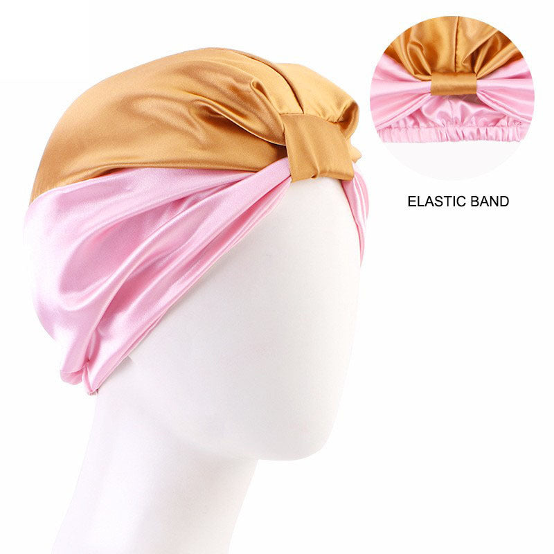 Contrast Color Knotted Head Wash Makeup Double-layer Silk-like Sleeping Hat