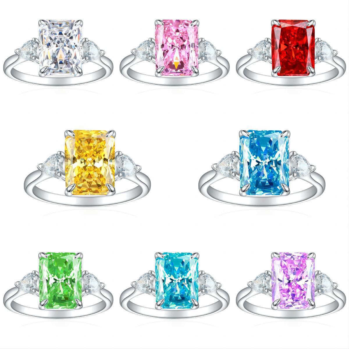 Anillo de diamantes de imitación rectangulares coloridos S925, anillos de amor de moda para mujeres, joyería de lujo