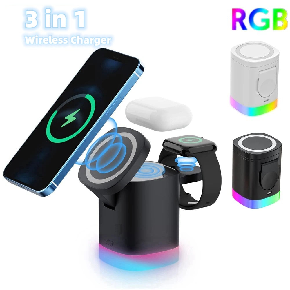 Cargador inalámbrico rápido magnético 3 en 1 para teléfono inteligente, estación de carga con luz ambiental RGB para Airpods y IWatch