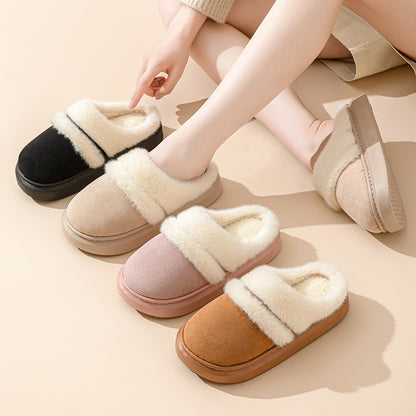 Pantuflas cálidas de algodón a la moda para mujer, pantuflas de casa de terciopelo antideslizantes con suela gruesa para el invierno, pantuflas de gamuza para el dormitorio