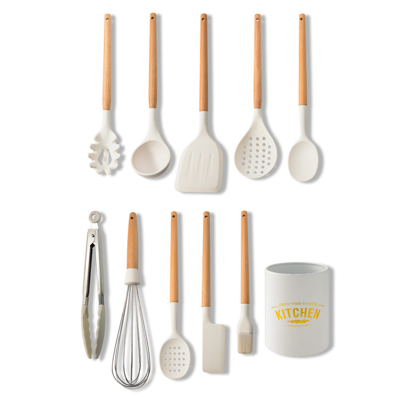 Creamy White Wooden Handle Silicone Kitchenware Set Naseer Liaqat