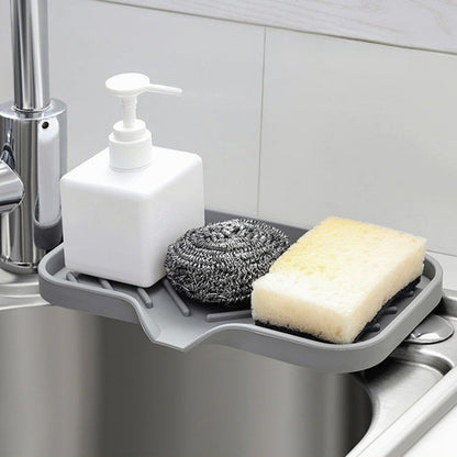 Silicone Kitchen Soap Tray, Sink Tray For Kitchen Counter Soap Bottles, Sponge Holder And Organizer With Drain Spout, Grey